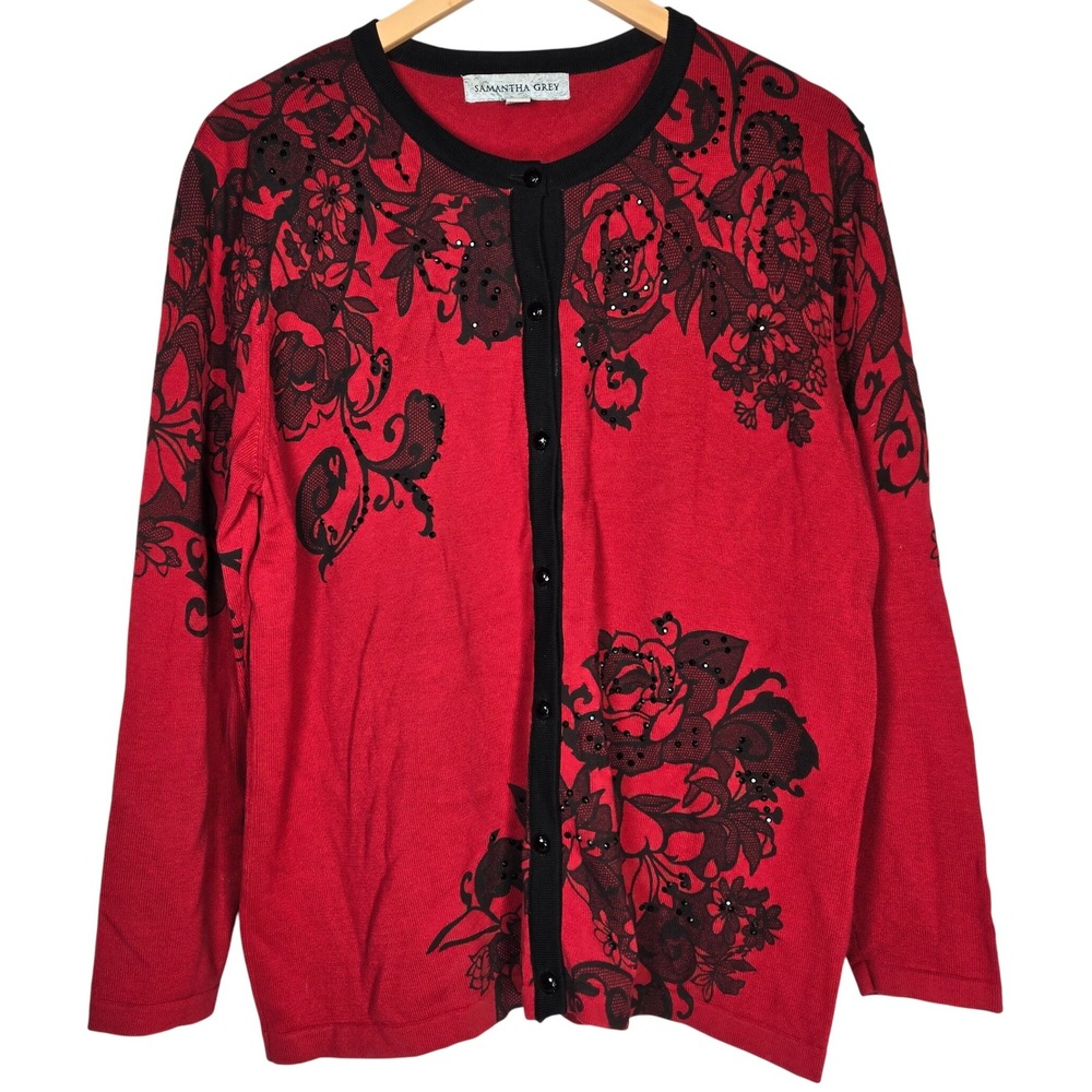 Samantha Grey Women's Red Black Floral Lace Beaded Button Up Cardigan Sweater L